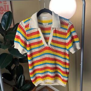 MOTHER Playing The Field Cotton Crochet Collared Short Sleeve Pullover M